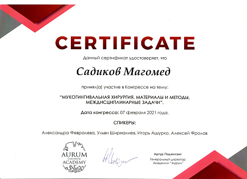 Сертификат врача Садиков Магомедшафи Курбанович
